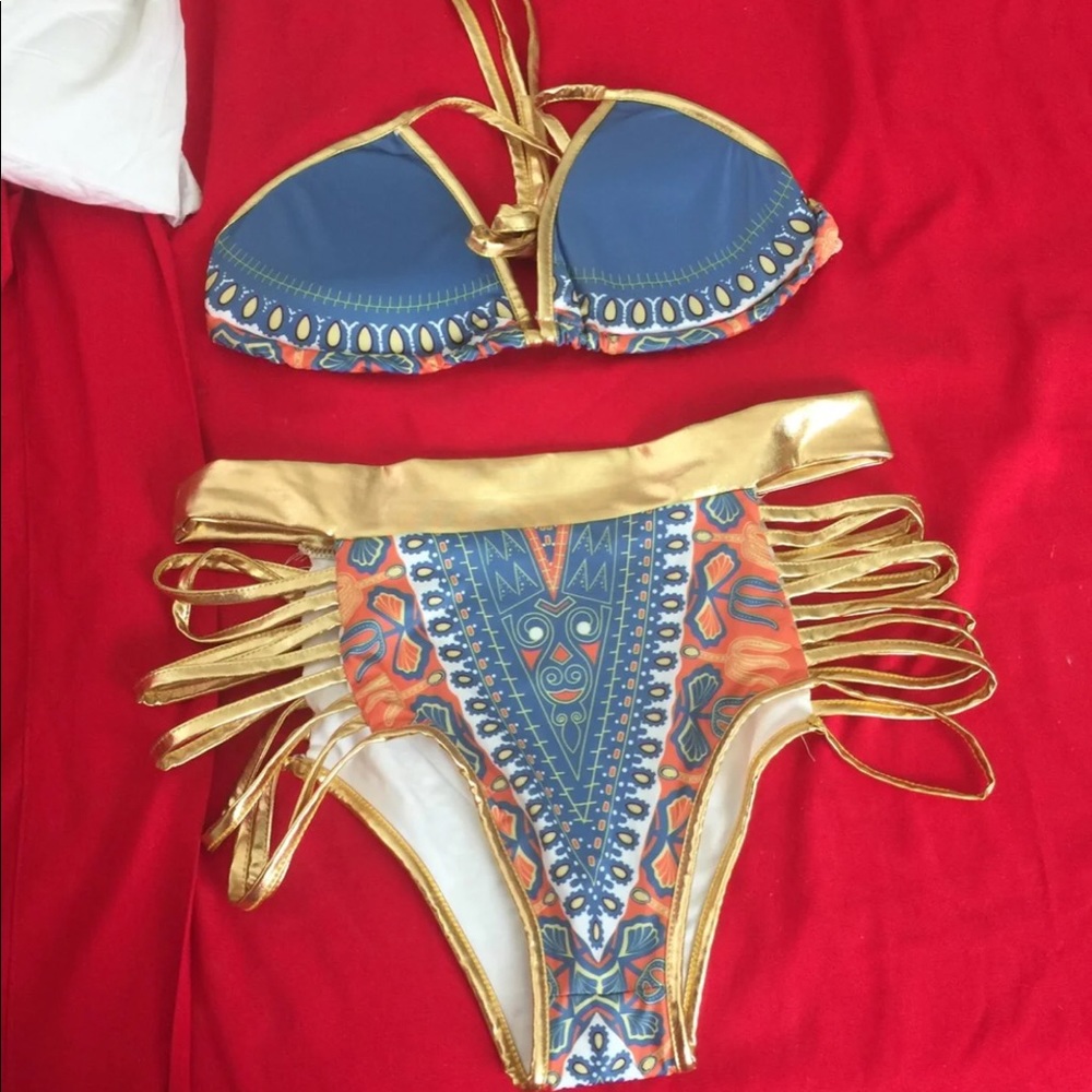 African tribal 2 piece high waisted bikini sz XL